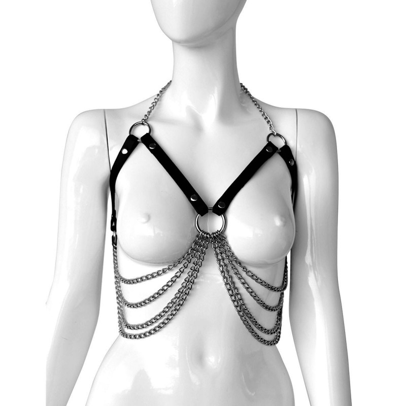 Adjustable leather bra with chains