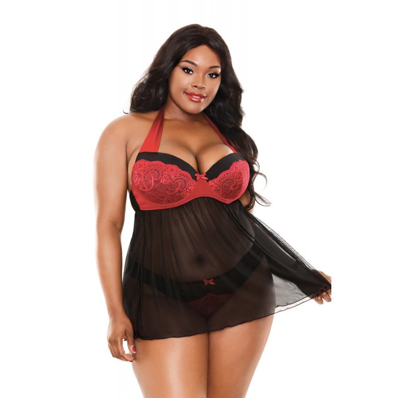 Sophia Halter Neck Teddy - Black/Red